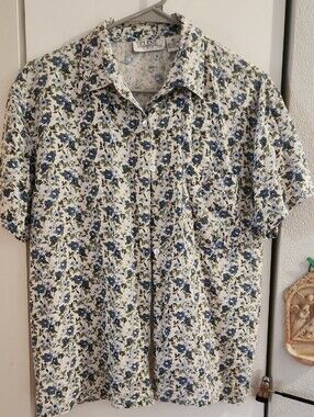 Selene Sport Floral Silk Top in Blue and Cream